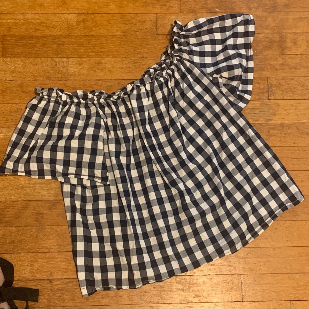 Gingham Navy Off-Shoulder Blouse